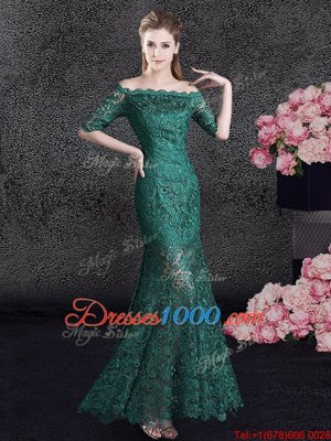 Luxury Mermaid Dark Green Scalloped Neckline Lace Half Sleeves Lace Up