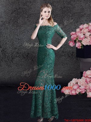 Luxury Mermaid Dark Green Scalloped Neckline Lace Half Sleeves Lace Up