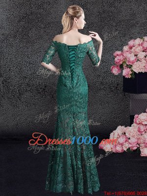 Luxury Mermaid Dark Green Scalloped Neckline Lace Half Sleeves Lace Up