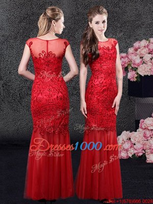 Mermaid Scoop Cap Sleeves Floor Length Zipper Celebrity Dresses Red and In for Prom and Party and Military Ball and Wedding Party with Lace