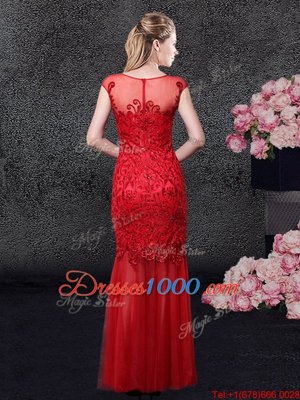 Mermaid Scoop Cap Sleeves Floor Length Zipper Celebrity Dresses Red and In for Prom and Party and Military Ball and Wedding Party with Lace