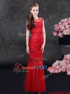 Mermaid Scoop Cap Sleeves Floor Length Zipper Celebrity Dresses Red and In for Prom and Party and Military Ball and Wedding Party with Lace