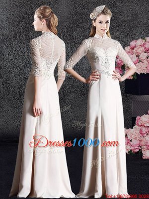 High-neck Half Sleeves Homecoming Dress Floor Length Lace Champagne Satin