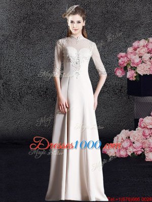 High-neck Half Sleeves Homecoming Dress Floor Length Lace Champagne Satin