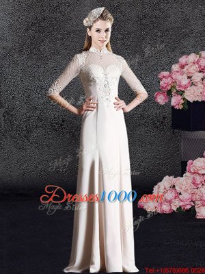 High-neck Half Sleeves Homecoming Dress Floor Length Lace Champagne Satin