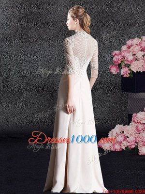 High-neck Half Sleeves Homecoming Dress Floor Length Lace Champagne Satin