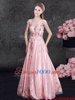 Scoop Baby Pink Organza Zipper Homecoming Dress Online Cap Sleeves Floor Length Appliques