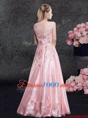 Scoop Baby Pink Organza Zipper Homecoming Dress Online Cap Sleeves Floor Length Appliques