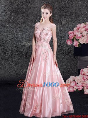 Scoop Baby Pink Organza Zipper Homecoming Dress Online Cap Sleeves Floor Length Appliques