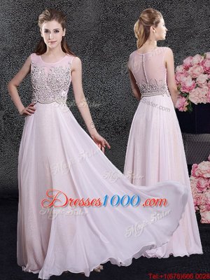 Comfortable Scoop Floor Length Pink Red Carpet Prom Dress Chiffon Sleeveless Beading