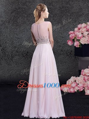 Comfortable Scoop Floor Length Pink Red Carpet Prom Dress Chiffon Sleeveless Beading