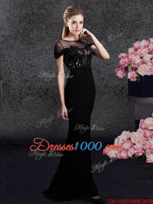 Fantastic Scoop Short Sleeves Elastic Woven Satin With Train Sweep Train Zipper Prom Homecoming Dress in Black for with Appliques and Sequins