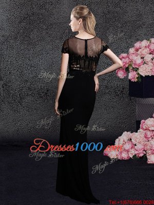 Fantastic Scoop Short Sleeves Elastic Woven Satin With Train Sweep Train Zipper Prom Homecoming Dress in Black for with Appliques and Sequins