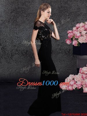 Fantastic Scoop Short Sleeves Elastic Woven Satin With Train Sweep Train Zipper Prom Homecoming Dress in Black for with Appliques and Sequins