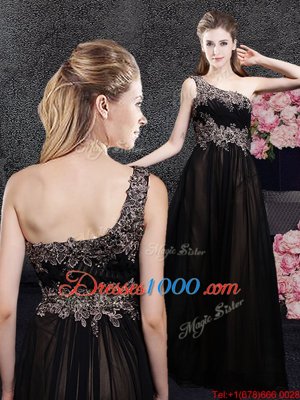 Glorious Black Tulle Side Zipper One Shoulder Sleeveless Floor Length Prom Homecoming Dress Appliques