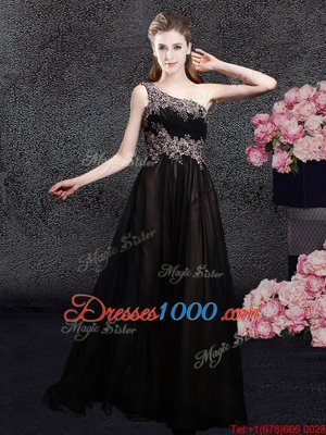 Glorious Black Tulle Side Zipper One Shoulder Sleeveless Floor Length Prom Homecoming Dress Appliques
