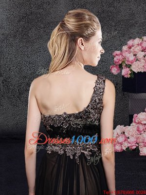 Glorious Black Tulle Side Zipper One Shoulder Sleeveless Floor Length Prom Homecoming Dress Appliques