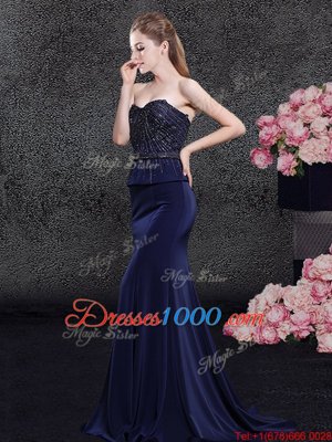 Dazzling Mermaid Satin Sweetheart Sleeveless Brush Train Zipper Beading Hoco Dress in Navy Blue