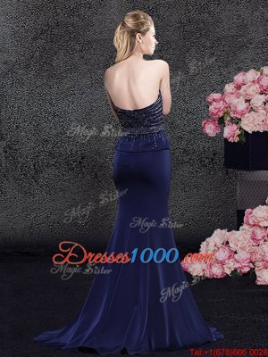 Dazzling Mermaid Satin Sweetheart Sleeveless Brush Train Zipper Beading Hoco Dress in Navy Blue