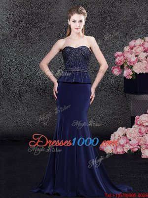 Dazzling Mermaid Satin Sweetheart Sleeveless Brush Train Zipper Beading Hoco Dress in Navy Blue