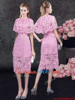 New Style Scoop Pink Lace Zipper Prom Dress Half Sleeves Knee Length Lace