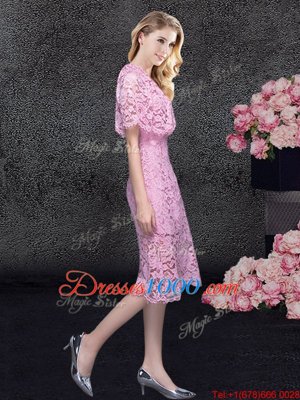 New Style Scoop Pink Lace Zipper Prom Dress Half Sleeves Knee Length Lace