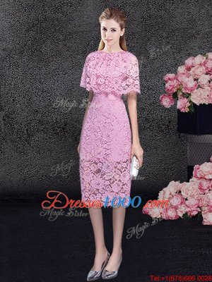 New Style Scoop Pink Lace Zipper Prom Dress Half Sleeves Knee Length Lace