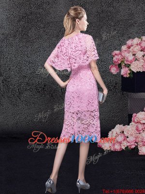 New Style Scoop Pink Lace Zipper Prom Dress Half Sleeves Knee Length Lace