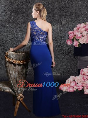 Trendy Royal Blue Column/Sheath Elastic Woven Satin One Shoulder Sleeveless Lace and Appliques Floor Length Side Zipper Hoco Dress
