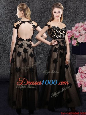 Short Sleeves Ankle Length Backless Black and In for Prom and Party and Military Ball and Wedding Party with Appliques