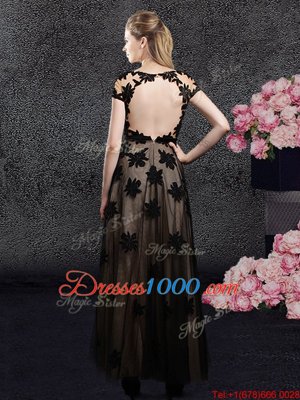 Short Sleeves Ankle Length Backless Black and In for Prom and Party and Military Ball and Wedding Party with Appliques