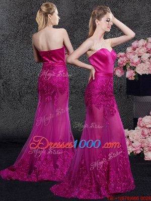 Mermaid Sleeveless Satin and Tulle Floor Length Sweep Train Zipper Prom Party Dress in Fuchsia with Lace and Appliques
