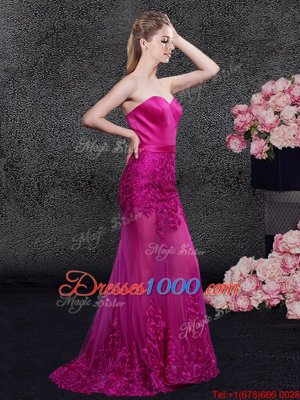 Mermaid Sleeveless Satin and Tulle Floor Length Sweep Train Zipper Prom Party Dress in Fuchsia with Lace and Appliques