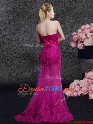 Mermaid Sleeveless Satin and Tulle Floor Length Sweep Train Zipper Prom Party Dress in Fuchsia with Lace and Appliques