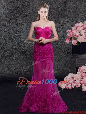 Mermaid Sleeveless Satin and Tulle Floor Length Sweep Train Zipper Prom Party Dress in Fuchsia with Lace and Appliques