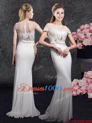 High Class Scoop With Train White Celebrity Prom Dress Elastic Woven Satin Brush Train Short Sleeves Appliques and Sequins