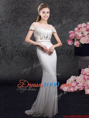 High Class Scoop With Train White Celebrity Prom Dress Elastic Woven Satin Brush Train Short Sleeves Appliques and Sequins