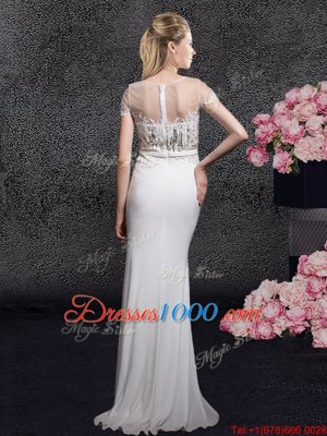 High Class Scoop With Train White Celebrity Prom Dress Elastic Woven Satin Brush Train Short Sleeves Appliques and Sequins