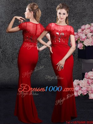 Scoop With Train Red Prom Homecoming Dress Elastic Woven Satin Brush Train Short Sleeves Appliques and Sequins