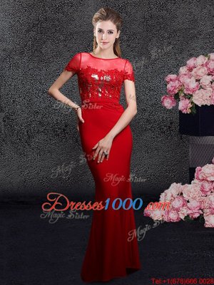 Scoop With Train Red Prom Homecoming Dress Elastic Woven Satin Brush Train Short Sleeves Appliques and Sequins