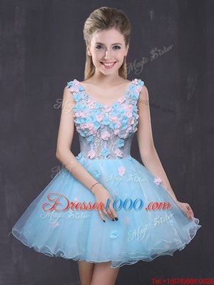 High Class Baby Blue Homecoming Dress Prom and Party and For with Hand Made Flower V-neck Sleeveless Lace Up