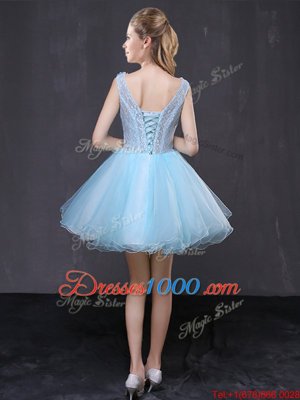 High Class Baby Blue Homecoming Dress Prom and Party and For with Hand Made Flower V-neck Sleeveless Lace Up