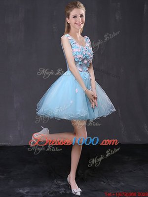 High Class Baby Blue Homecoming Dress Prom and Party and For with Hand Made Flower V-neck Sleeveless Lace Up