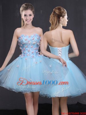 Light Blue A-line Sweetheart Sleeveless Organza Mini Length Lace Up Appliques Prom Dresses