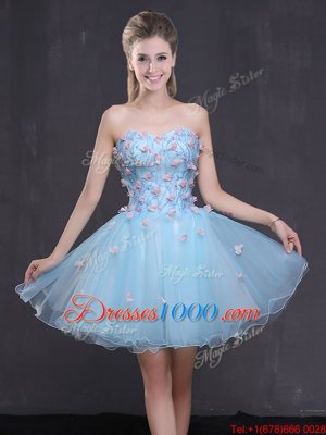 Light Blue A-line Sweetheart Sleeveless Organza Mini Length Lace Up Appliques Prom Dresses