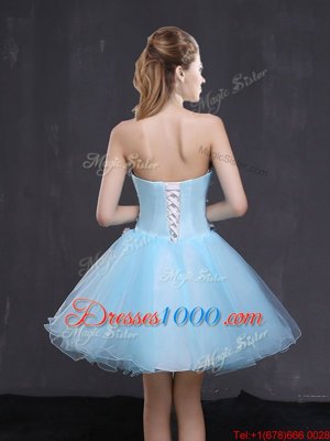 Light Blue A-line Sweetheart Sleeveless Organza Mini Length Lace Up Appliques Prom Dresses