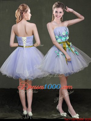 Beauteous Lavender Strapless Lace Up Appliques and Belt Dress for Prom Sleeveless