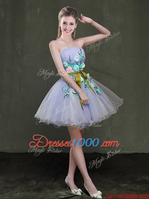 Beauteous Lavender Strapless Lace Up Appliques and Belt Dress for Prom Sleeveless