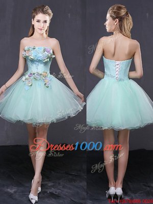 Trendy Organza Strapless Sleeveless Lace Up Hand Made Flower Cocktail Dresses in Apple Green