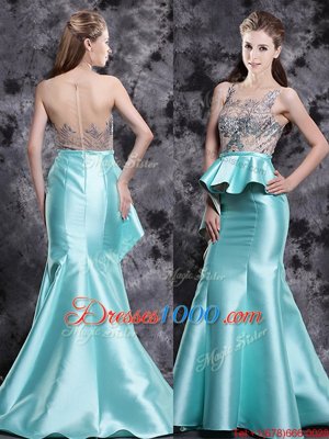 Free and Easy Mermaid Scoop Sleeveless Brush Train Zipper Appliques Dress for Prom